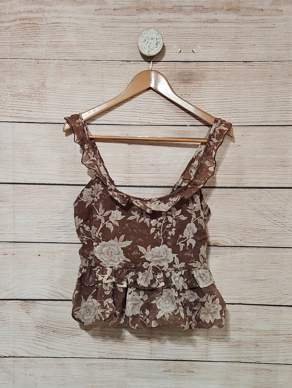 And Now This Floral Ruffle Peplum Tank Top - Brown Large